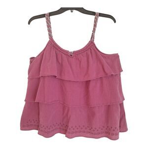Berry Pink Tank Top Ruffle Blouse Layers Rope Strap Boho Embroidered XL Route 66